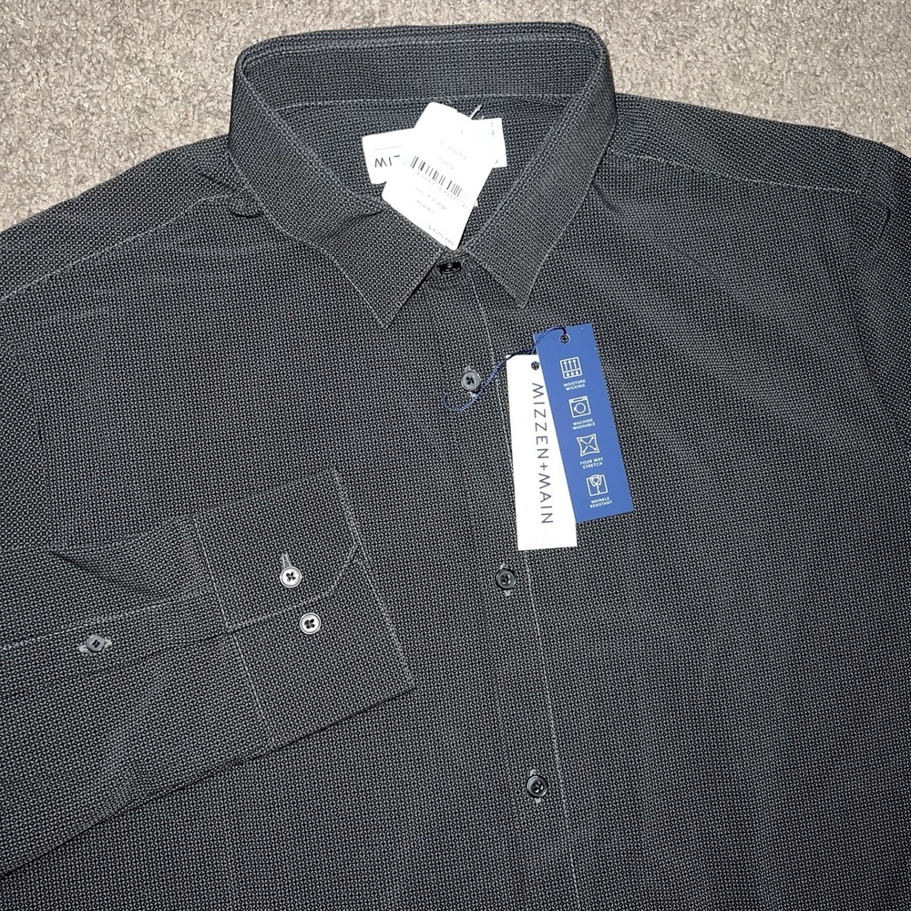 NWT Mizzen+Main Shirt Mens XL Black Leeward Trim Fit Performance Geometric Dress